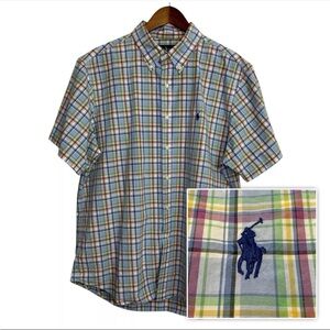Ralph Lauren shirt mens XL blue spring plaid preppy short sleeve church colorful